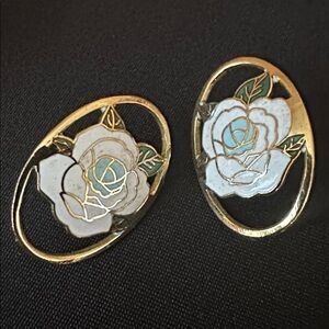 Vintage Cloisonné Gold and White Floral Earrings Women OS